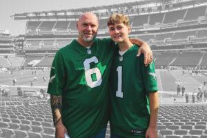 A photo of Jeffrey and Braelyn Terry superimposed on Lincoln Financial Field.