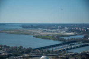 An aerial view of Reagan Airport and the Potomac River.