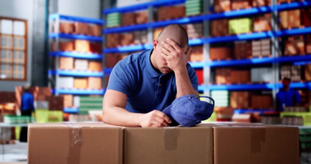 Frustrated delivery worker leaning on cardboard boxes.