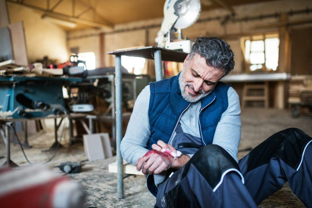 A man sitting on the floor of a workshop, clutching his injured and bleeding hand with a pained expression, surrounded by woodworking tools and equipment.