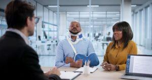 Injured man wearing neck brace and arm sling meeting with attorney in office