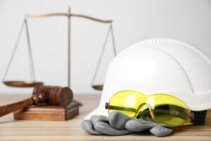 Hard hat, safety glasses, and work gloves on a desk with a gavel and scales of justice behind